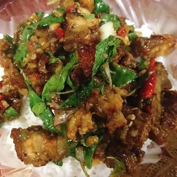 กะเพราหมูกรอบราดข้าว