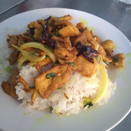 ไก่ กุ้ง หมึก เนื้อ ทอดขมิ้นราดข้าวไข่ดาว