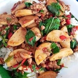 กะเพราหมูยอ+หมูสับ-ราดข้าว