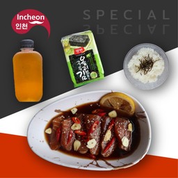Set ปลาแซลมอนดอง + ข้าวญี่ปุ่น + สาหร่ายอบกรอบ + ชาเขียวข้าวคั่ว