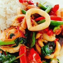Stir-Fried Seafood with Basil Leaves and Fried Egg