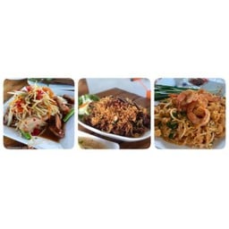 ตำคอหมูย่าง + ไก่ทอดสมุนไพร + ผัดไทยกุ้งสด