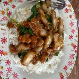 กระเพราหมูกรอบราดข้าว