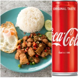 [อร่อยซ่ากับโค้ก]หมูสามชั้นคั่วพริกเกลือราดข้าว+ไข่ดาว+โค้กกระป๋อง