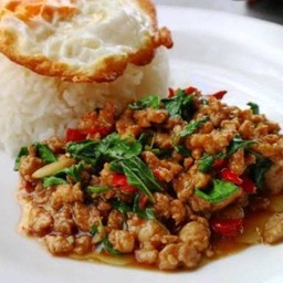 กระเพราหมูสับราดข้าว