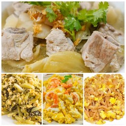 ผัดหน่อไม้ไข่ใส่หมูสับ+ไข่ขยี้ห่หมกรวมมิตร+กระเพราโบราณไก่+ต้มสาหร่ายหมูชิ้น+ข้าว2ถุง