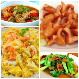 ไข่ขยี้หมูสับ+ไส้กรอกทอด6ชิ้น+แกงป่าไก่+คะน้ารวมมิตร+ข้าว2ถุง