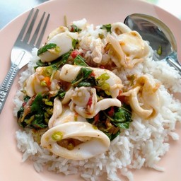 กะเพราหมึกราดข้าว