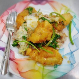 ข้าวราดปลากะพงผัดคื่นไช่