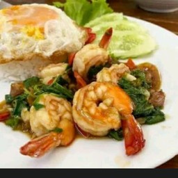 กระเพรากุ้งราดข้าวไม่รวมไข่ดาว