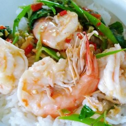 กระเพรากุ้งราดข้าว