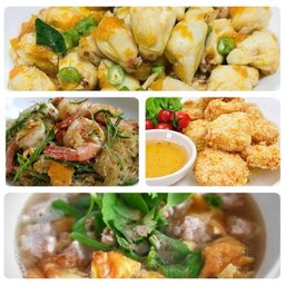 ผัดขึ้นช่ายปลาดอรี่+ผัดวุ้นเส้นชะอมทะเล+หมูทอด4ก้อน+ไข่น้ำหมูสับ+ข้าวเปล่า2ถุง