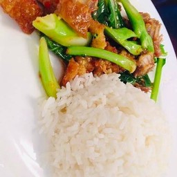 ข้าวราดผัดผักคะน้าหมูกรอบ