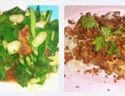 ผักคะน้าหมูกรอบ+ไก่ทอดกระเทียมพริกไท