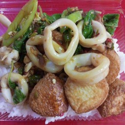 กระเพราเต้าหู้ปลาหมึก