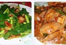ผัดคะน้าหมูกรอบ+หอยลายผัดพริกเผา