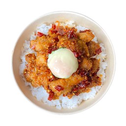 ข้าวไก่ทอดซอสเผ็ด+ไข่ (หน้าร้าน 79 บาท)