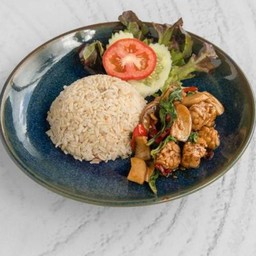 Vegan Stir-Fried Spicy Basil Leaves with Tempeh on Rice