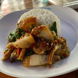 กระเพราหมูกรอบราดข้าว