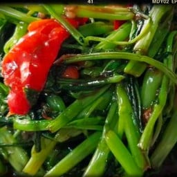 ผักบุ้งน้ำมันหอยราดข้าว(ใส่พริก)