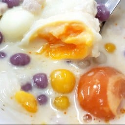 บัวลอยไข่คู่ (ไข่ไก่หวาน+ไข่แดงเค็ม) แป้งธรรมดาสูตรนำตาลโตนดแท้ 100%)