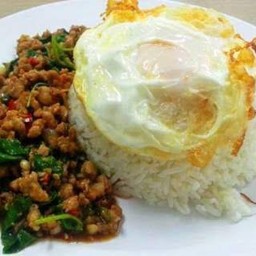 กะเพราหมูสับราดข้าว