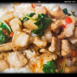 กะเพราสามชั้นสดราดข้าว