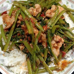 ผัดพริกแกงผักบุ้งราดข้าว