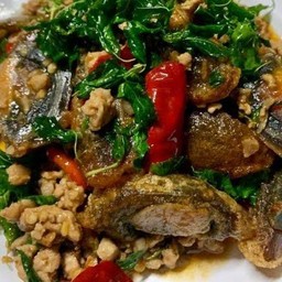 กระเพราไข่เยี่ยวม้า หมูสับ