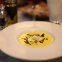 Pumpkin Cream Soup, Egg Sous Vide Iberico Ham Crispy