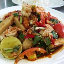 ตำปลาร้าหมูยอกุ้งสุก+ขนมจีน