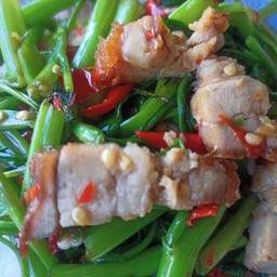 ผักบุ้งหมูกรอบ ราดข้าว