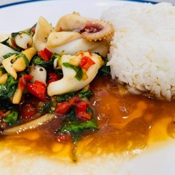 ข้าวราดกระเพราปลาหมึก