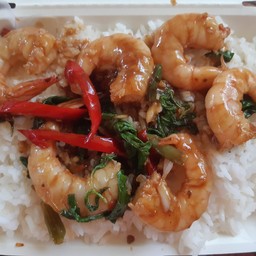 ผัดกระเพรากุ้งราดข้าว