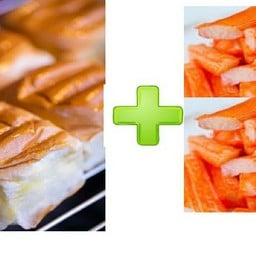 ไส้ปูอัด ราดด้วยชีสดิป  + ขนมปังปิ้งเตาถ่านแบบโบราณ