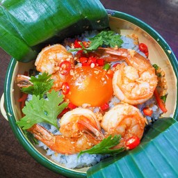 Seafood lover ข้าวกุ้งแชบ๊วยคั่วพริกเกลือ+ ไข่ดองน้ำปลา+น้ำจิ้มซีฟู๊ด+ซุปประจำวัน