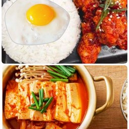 ข้าวไก่ทอดซอสเกาหลีไข่ดาว+ซุปกิมจิเต้าหู้อ่อน