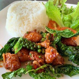 ข้าวหมู3ชั้นทอดผัดพริกไทยอ่อน