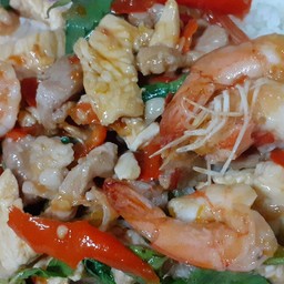 กระเพรารวมมติรราดข้าว