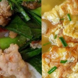 ข้าวราดคะน้าหมูชิ้น+ ไข่น้ำหมูสับถ้วยเล็ก