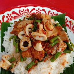 ข้าวพริกแกงหมูกรอบ-ปลาหมึก