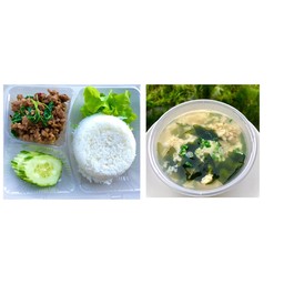 กระเพราหมูสับผัดพริกแห้ง+ซุปไข่สาหร่ายวากาเมะ