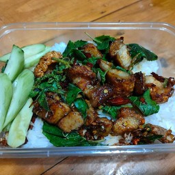 ข้าวราดผัดกะเพราพริกแห้งหมูกรอบ