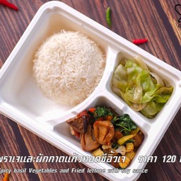 ข้าวกับกะเพราเจและผักกาดแก้วทอดซีอิ๊ว