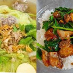 ข้าวคะน้าหมูกรอบ + แกงจืดเต้าหู้หมูสับ