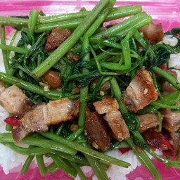 ผัดผักบุ้งราดข้าว