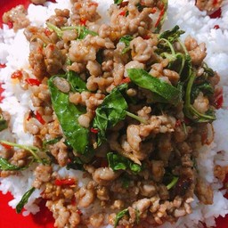 กระเพราเนื้อสับราดข้าว