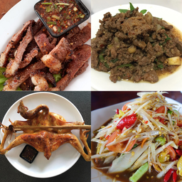 เสือร้องไห้+ ก้อยเนื้อสุก +ไก่1ตัว +ตำปูปลาร้า