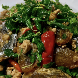 กระเพาหมูสับไข่เยี่ยวม้า   ราดข้าว