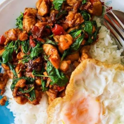 กระเพรา ไก่ ราดข้าว